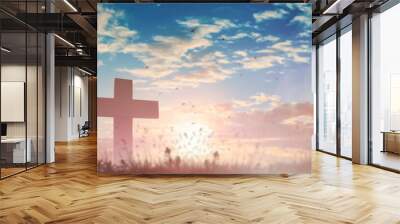 Silhouette jesus christ crucifix on cross on calvary sunset background concept for good friday he is risen in easter day, good friday worship in God, Christian praying in holy spirit religious. Wall mural