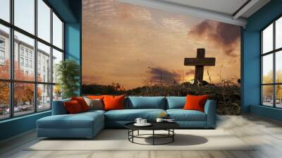 silhouette jesus christ crucifix on cross on calvary sunset background concept for good friday he is Wall mural