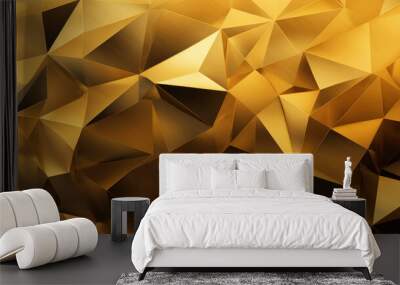 Close-up view of a geometric pattern made of gold. Triangles, angular, polygonal, gemstones, crystals. Luxurious appearance. Opulence, gold, precious materials. Polygon background, wallpaper. Wall mural