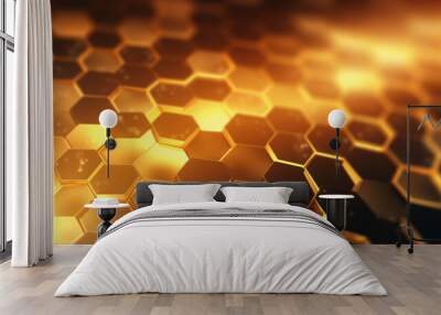 Gold hexagon background. Hexagonal shapes, honeycomb pattern. Aesthetic, elegant, warm and vibrant wallpaper. Luxury design. Wall mural