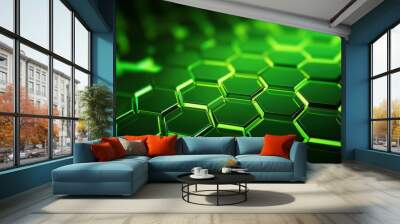 Green hexagon background. Honeycomb pattern made up of hexagonal shapes. Depth and three-dimensionality. Natural structures, tessellation in design, nanotechnology structures. Geometric wallpaper. Wall mural