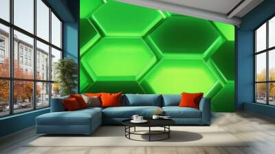 Green hexagon background. Honeycomb pattern made up of hexagonal shapes. Depth and three-dimensionality. Natural structures, tessellation in design, nanotechnology structures. Geometric wallpaper. Wall mural