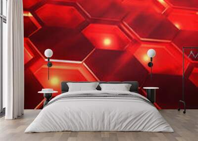 Red hexagon background. Close-up a surface made up of hexagonal shapes, honeycomb pattern. Illuminated outlines. Depth and three-dimensional. Geometric, futuristic and modern design. Wall mural