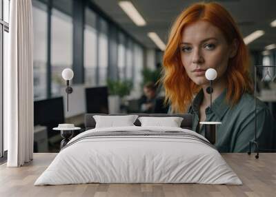 Close up cinematic portrait of orange haired woman in office, corporate businesswoman Wall mural