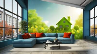 The image portrays a conceptual representation of a green home and environmentally friendly construction. It includes a house icon placed on a lush green lawn, with the sun shining overhead Wall mural