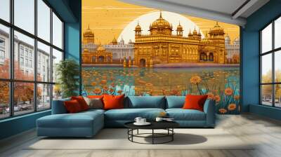 A beautiful illustration of  the golden temple. Decorative illustration of Sri Harmandir Sahib. Generative AI. Wall mural