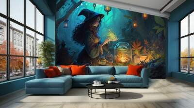 A witch and her magical items. Mysterious place in the woods. Wall mural