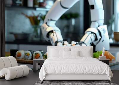 White robot chef places delicate garnishes on sushi rolls on a modern kitchen counter Wall mural