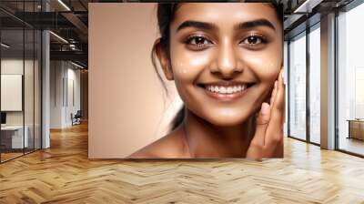 Woman smiling while touching her flawless glowy skin with copy space for your advertisement, skincare Wall mural