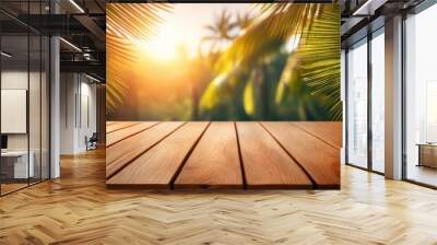 Wooden table top with blurred palms Wall mural