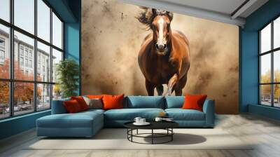 A horse galloping through a field, captured from a low angle that showcases its strength and beauty. Wall mural