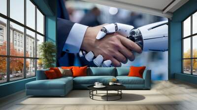 Businessman and Robot hands in handshake. Wall mural