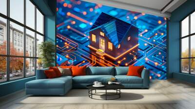 Circuit board house. Home automation concept. 
Home Energy Management Systems AI. Wall mural