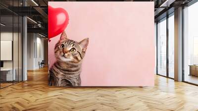 Cute cat holding love shaped balloon on pink background. Wall mural