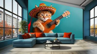 Cute cat in mexican hat playing ukulele. Wall mural