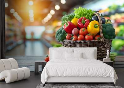 Fruit in a shopping basket on a wooden table with a supermarket background. Wall mural