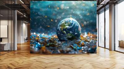 Globe on plastic waste, concept of protecting the environment. Wall mural