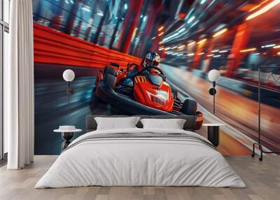 Go karts running fast, racers wearing safety uniforms in competition tournament. Wall mural