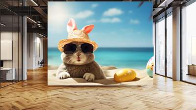 Happy Easter. Easter bunny on the beach, wearing sun hat and glasses. Wall mural