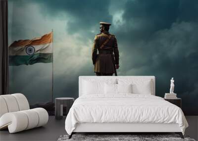 Indian soldier saluting with utmost respect in front of the Flag of India on Independence Day. Generative AI. Wall mural