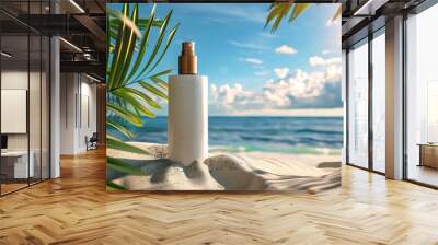 Pump bottle cosmetic products on beach background.	 Wall mural