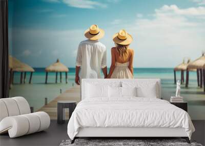 Vacation. Happy Romantic Couple Enjoying at the Beach. Wall mural