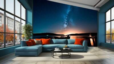 Milky Way Over Lake with Boat Under Starry Sky. Cosmic Voyage, Nighttime Serenity, Galactic Spectacle. Wall mural