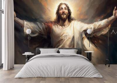 Portrait of Jesus Christ painting with open arms. Corpus Christi, Easter, Religious concept. Wall mural