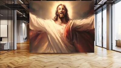 Portrait of Jesus Christ painting with open arms. Corpus Christi, Easter, Religious concept. Wall mural