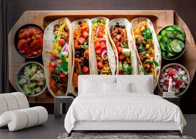 Vegan tacos with vegetables on a wooden board. Generative AI. Wall mural