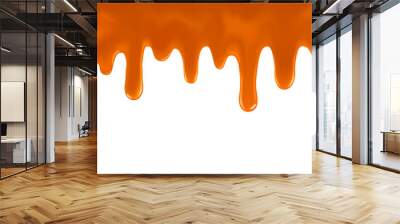  Realistic dripping caramel drops of sweet sauce isolated on white background. Seamless 3D toffee flows melted horizontal splash. Orange paint stains drawn. Vector illustration isolated on white Wall mural