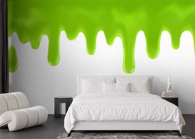 Flowing green sticky liquid. 3d realistic vector illustration. Green slime drop. Melted melted toxic liquid drips and flowing. Vector illustration isolated on white background Wall mural