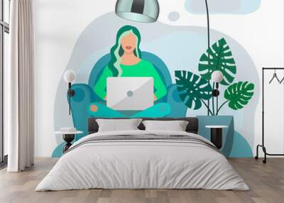 Girl works sitting at home. Remote work, freelance. Self-isolation during the coronavirus epidemic. Raster illustration in flat style Wall mural