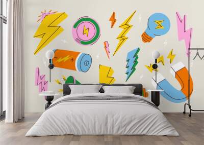 Lightning set in vibrant colors. Flash lights various shapes. Bulb, arrow, battery, magnet, charger, speaker vector items. Life energy or vitality concept. Power cartoon illustration. Isolated icons. Wall mural