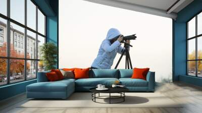 photographer with camera and tripod outdoor taking landscape picture Wall mural