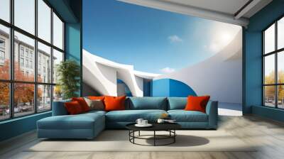 abstract 3d white architecture interior for design modern contemporary indoor and outdoor curved wall blue architecture with sunny day Wall mural