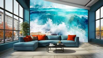 abstract ocean beach paint background creative abstract water blue sea wave painted background wallpaper texture modern art generative ai Wall mural