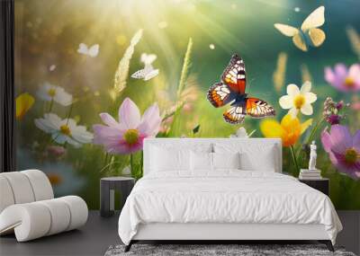 beautiful spring summer background nature with blooming wildflowers wild flowers in grass and two butterflies soaring in nature in rays of sunlight close up spring summer natural landscape Wall mural