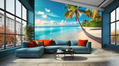 best travel landscape paradise beach tropical island background beautiful palm trees closeup sea waves sunshine blue sky clouds luxury travel summer vacation website design zen inspire wallpaper Wall mural