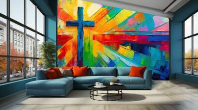 colorful painting art of an abstract background with cross christian illustration Wall mural