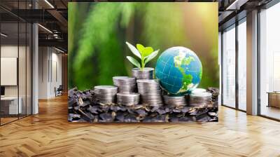 green globe with world map and stack of silver coins the seedlings are growing on top concept of green business finance and sustainability investment carbon credit money saving investment Wall mural