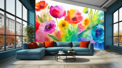 multicolored watercolor gradient rainbow flowers on a white background peonies poppies summer painting Wall mural