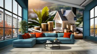 property tax investment planning business real estate view of coin stack with house model mortgage l Wall mural