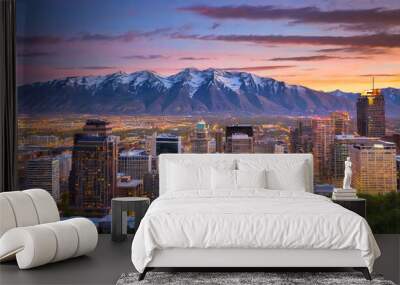 salt lake city skyline at sunset with wasatch mountains in the background utah Wall mural