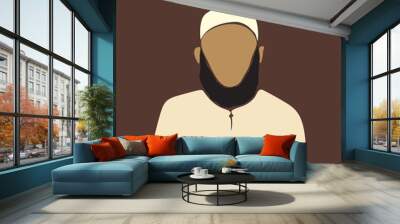 Arabic muslim man with beard portrait wearing white hat islamic kufi headwear skull cap, Abstract vector illustration silhouette contemporary art male no face traditional clothing in islam Wall mural