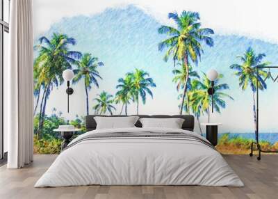 Color pencil drawing of tropical nature - palm trees on sea coast, Goa landscape, India, Digital art Wall mural