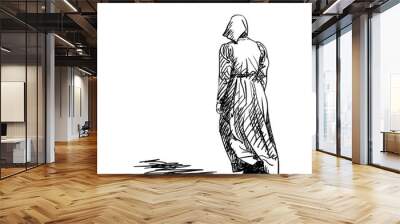 Drawing of a girl in old-fashion retro peasant dress walking away, back view, Woman in vintage rural clothes, Hand drawn Vector illustration Wall mural