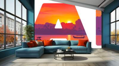 Bali island landmarks: temple, ocean, fishing boats and palm trees on sunset, vector illustration in big typography sign Wall mural