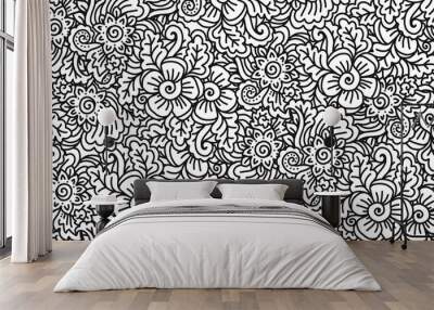 Black and white lineart doodle flowers vector seamless pattern tile, coloring book Wall mural