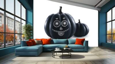 Black vector Halloween pumpkins with doodle style white funny face Wall mural